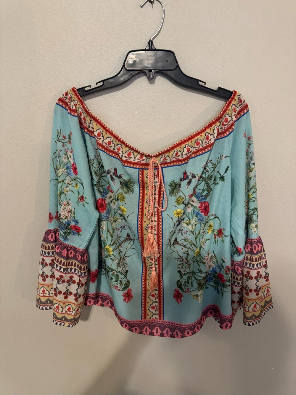 Umgee Light Blue Floral Off-Shoulder Blouse with Tassel Tie